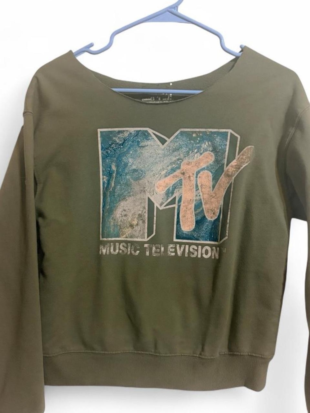 MTV Olive Green Crewneck Sweatshirt with Blue and Peach Logo
